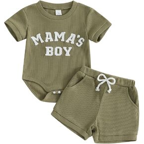 Giraropa Newborn Baby Boy Clothes Mamas Boy Embroidery Romper Jumpsuit Ribbed Waffle Knit Shorts Set Baby Boy Summer Outfit in Kuwait
