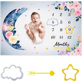 Flower Moon Baby Monthly Milestone Blanket Watercolor Flower Star Print Newborn Growth Record Photo Shoot Background Prop Blanket, 60"x40" with Frame in Saudi Arabia