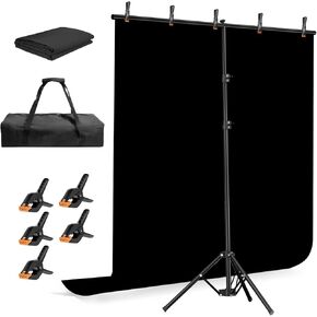 EMART Black Photo Backdrop with Stand Kit 6.5x5ft, Photography Black Background Screen with Portable T-Shape Support and 5 Clamps for Video Recording, Meetings, Self Tape in Kuwait