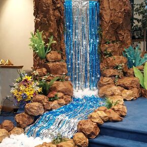 Moukeren Rainforest Decorations Waterfall Landscaping Kit 2026 Vbs Backdrop Kit Vacation Bible School Backdrop Blue Shiny Tinsel Curtain Plastic Tablecloth Brown Kraft Paper for Sunday Decoration in Kuwait