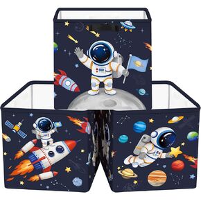 11.8" Outer Space Cube Storage Organizer Set 3Pcs Moon Rocket Cube Storage Bin for Bedroom Plant Rocket Kid Book Toy Chest, Blue in Kuwait