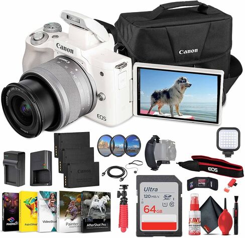 Canon EOS M50 Mirrorless Digital Camera with 15-45mm Lens (White) (2681C011) + 64GB Memory Card + Case + Photo Software + 2 x LPE12 Battery + Charger + Card Reader + LED Light + More in Kuwait