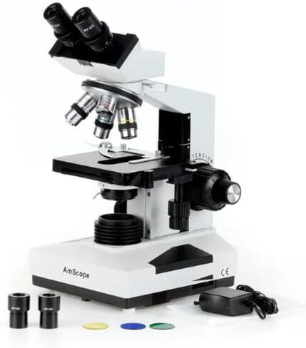 AmScope B400 Series Biological Binocular Compound Microscope - 40X-1000X Magnification, 3D Two-Layer Mechanical Stage, Achromatic Optics, Variable LED Illumination, Lab Grade for Clinics & Students in Kuwait