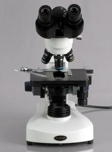 مجهر مركب ثنائي العينين من سلسلة AmScope B340 Siedentopf - تكبير 40X-1000X، LED 3 وات، مرحلة ميكانيكية ثلاثية الأبعاد، بصريات لونية، تركيز محوري، درجة مختبر للمحترفين والطلاب in Kuwait