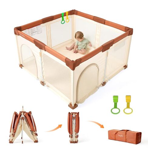 Tinyiota Foldable Baby Playpen, 50x50 Inch Portable Play Yard for Babies and Toddlers with Soft Breathable Mesh, Storage Bag & 2 Pull-Toy Handles for Indoor & Outdoor (Brown, 50x50) in Saudi Arabia