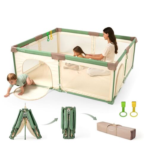 Tinyiota Foldable Baby Playpen, 50x50 Inch Portable Play Yard for Babies and Toddlers with Soft Breathable Mesh, Storage Bag & 2 Pull-Toy Handles for Indoor & Outdoor (Brown, 50x50) in Saudi Arabia