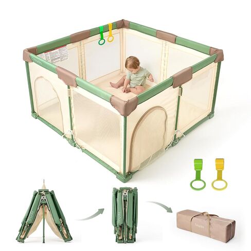 Tinyiota Foldable Baby Playpen, 50x50 Inch Portable Play Yard for Babies and Toddlers with Soft Breathable Mesh, Storage Bag & 2 Pull-Toy Handles for Indoor & Outdoor (Brown, 50x50) in Saudi Arabia