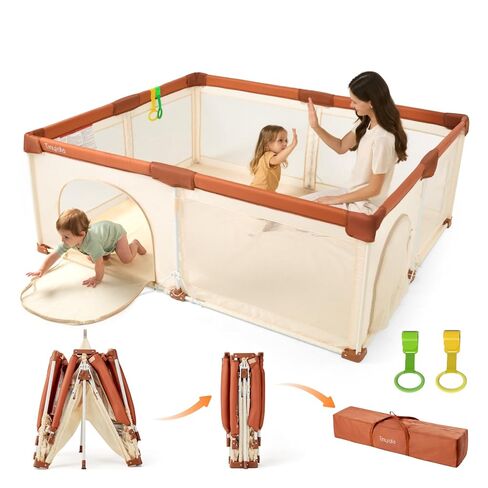 Tinyiota Foldable Baby Playpen, 50x50 Inch Portable Play Yard for Babies and Toddlers with Soft Breathable Mesh, Storage Bag & 2 Pull-Toy Handles for Indoor & Outdoor (Brown, 50x50) in Saudi Arabia