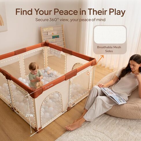 Tinyiota Foldable Baby Playpen, 50x50 Inch Portable Play Yard for Babies and Toddlers with Soft Breathable Mesh, Storage Bag & 2 Pull-Toy Handles for Indoor & Outdoor (Brown, 50x50) in Saudi Arabia