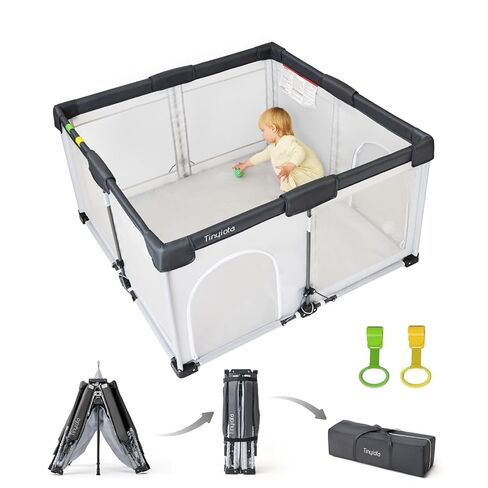 Tinyiota Foldable Baby Playpen, 50x50 Inch Portable Play Yard for Babies and Toddlers with Soft Breathable Mesh, Storage Bag & 2 Pull-Toy Handles for Indoor & Outdoor (Brown, 50x50) in Saudi Arabia