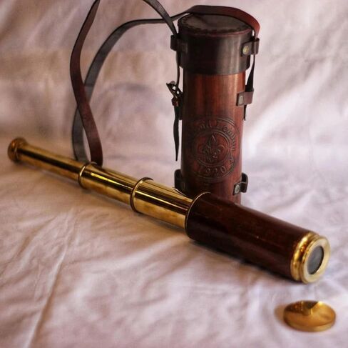Antique Brass and Wood Monocular Telescope in Original Leather Carry Case, Circa 1920 in Kuwait
