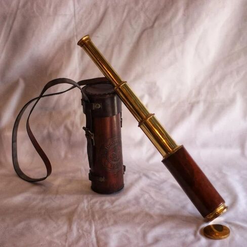 Antique Brass and Wood Monocular Telescope in Original Leather Carry Case, Circa 1920 in Kuwait