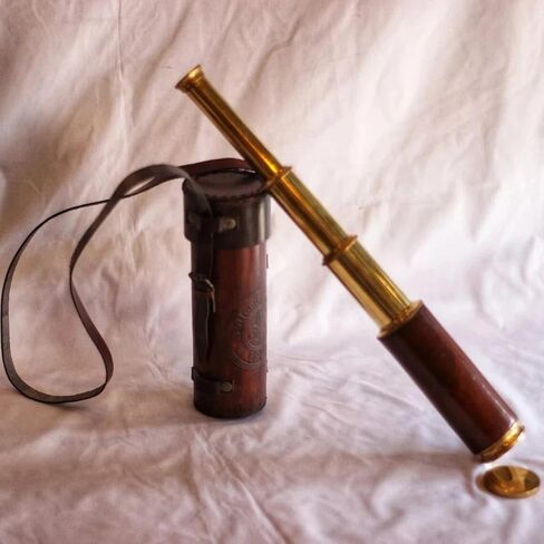 Antique Brass and Wood Monocular Telescope in Original Leather Carry Case, Circa 1920 in Kuwait