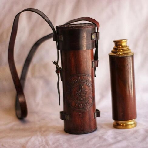 Antique Brass and Wood Monocular Telescope in Original Leather Carry Case, Circa 1920 in Kuwait