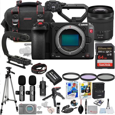 Canon EOS C50 Full-Frame Cinema Camera (Canon RF) with 24-105mm Lens Bundle + Wireless Microphone System + Accessory Package Including 64GB Memory, U-Grip, Case, Tripod, Software and More (31 Items) in Kuwait