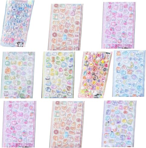 3D Puffy Stickers for Kids, 10 Pack 450+ pcs Bulk, Mini Resin Funny Cute Kawaii Stickers for Water Bottle, Phone Case, Notebook, Laptops, Stocking Stuffers (10pcs 3D Stickers) in Saudi Arabia