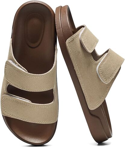 Women's Double Strap Slide Sandals with Adjustable Velcro，Open Toe Flat Sandals with Comfortable Cushioned Non-Slip Sole Casual Slip On Sandals for Summer Daily Walking, Beach Vacation, Shopping and Travel in Saudi Arabia