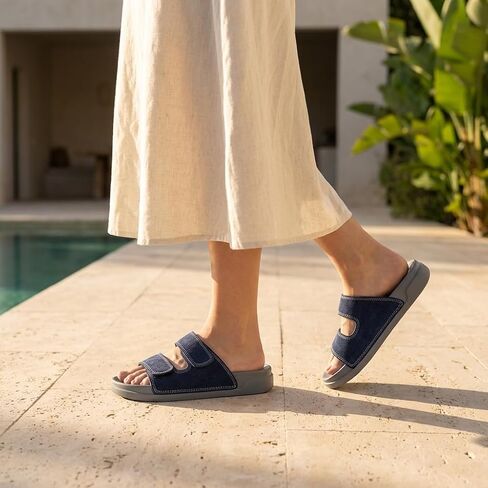 Women's Double Strap Slide Sandals with Adjustable Velcro，Open Toe Flat Sandals with Comfortable Cushioned Non-Slip Sole Casual Slip On Sandals for Summer Daily Walking, Beach Vacation, Shopping and Travel in Saudi Arabia