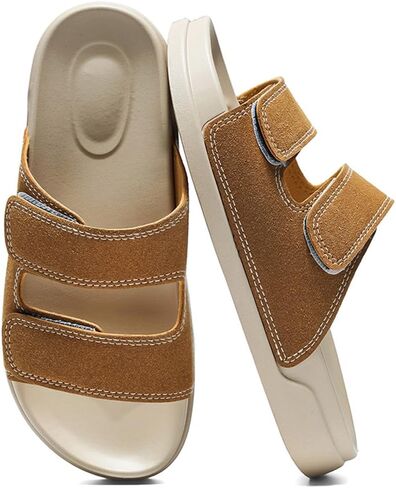 Women's Double Strap Slide Sandals with Adjustable Velcro，Open Toe Flat Sandals with Comfortable Cushioned Non-Slip Sole Casual Slip On Sandals for Summer Daily Walking, Beach Vacation, Shopping and Travel in Saudi Arabia