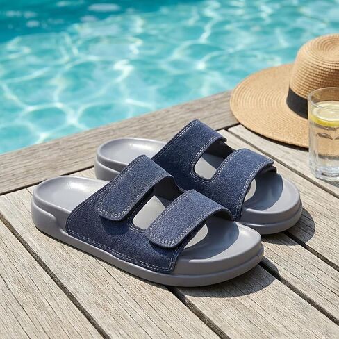 Women's Double Strap Slide Sandals with Adjustable Velcro，Open Toe Flat Sandals with Comfortable Cushioned Non-Slip Sole Casual Slip On Sandals for Summer Daily Walking, Beach Vacation, Shopping and Travel in Saudi Arabia
