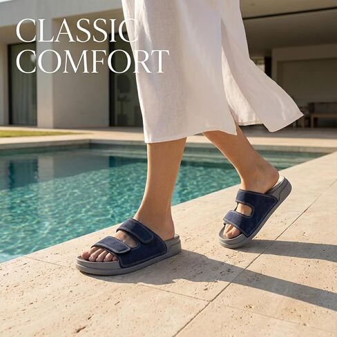 Women's Double Strap Slide Sandals with Adjustable Velcro，Open Toe Flat Sandals with Comfortable Cushioned Non-Slip Sole Casual Slip On Sandals for Summer Daily Walking, Beach Vacation, Shopping and Travel in Saudi Arabia