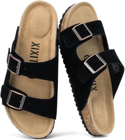 XIXITIAO Suede Sandals Womens with Adjustable Dual Buckle, Flat Slides Sandals with Arch Support Cork Footbed, Non Slip EVA Lightweight Slippers for Summer in Saudi Arabia