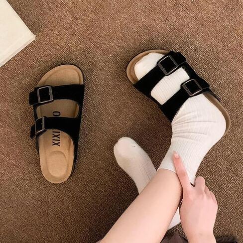 XIXITIAO Suede Sandals Womens with Adjustable Dual Buckle, Flat Slides Sandals with Arch Support Cork Footbed, Non Slip EVA Lightweight Slippers for Summer in Saudi Arabia