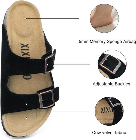XIXITIAO Suede Sandals Womens with Adjustable Dual Buckle, Flat Slides Sandals with Arch Support Cork Footbed, Non Slip EVA Lightweight Slippers for Summer in Saudi Arabia