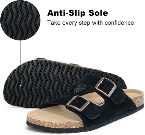 XIXITIAO Suede Sandals Womens with Adjustable Dual Buckle, Flat Slides Sandals with Arch Support Cork Footbed, Non Slip EVA Lightweight Slippers for Summer in Saudi Arabia