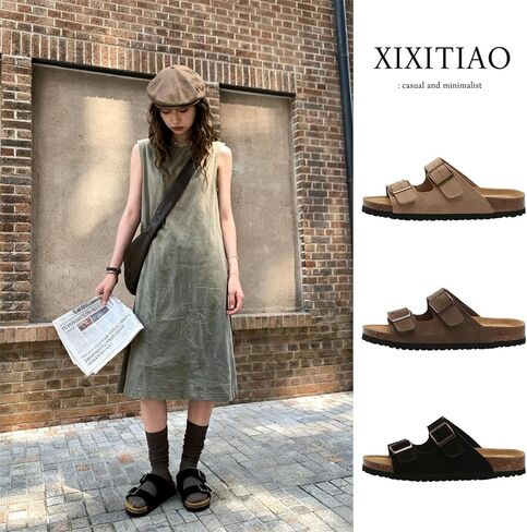 XIXITIAO Suede Sandals Womens with Adjustable Dual Buckle, Flat Slides Sandals with Arch Support Cork Footbed, Non Slip EVA Lightweight Slippers for Summer in Saudi Arabia