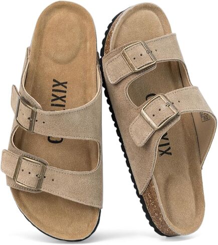 XIXITIAO Suede Sandals Womens with Adjustable Dual Buckle, Flat Slides Sandals with Arch Support Cork Footbed, Non Slip EVA Lightweight Slippers for Summer in Saudi Arabia