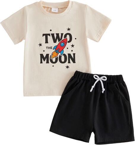 Two The Moon Toddler Baby Boy 2nd Birthday Outfit Astronaut Rocket Short Sleeve T-Shirt Shorts Set Summer Clothes in Saudi Arabia