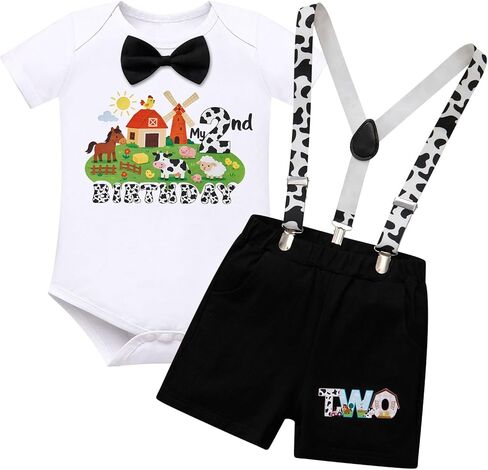 Baby Boy Farm Animals 1st Birthday Outfit Cowboy First Birthday Outfit Short Sleeve Bow Tie Onesie + Suspender Shorts in Kuwait
