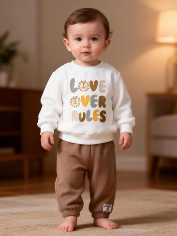 Baby Sweatsuit Set for Boy Girl, Long Sleeve Sweatshirt & Cotton Blend Waffle Pants Toddler Outfit for 6 Month - 3 Years in Saudi Arabia