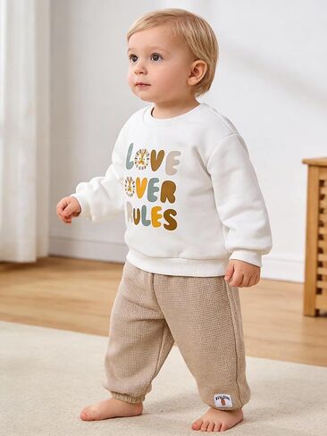 Baby Sweatsuit Set for Boy Girl, Long Sleeve Sweatshirt & Cotton Blend Waffle Pants Toddler Outfit for 6 Month - 3 Years in Saudi Arabia