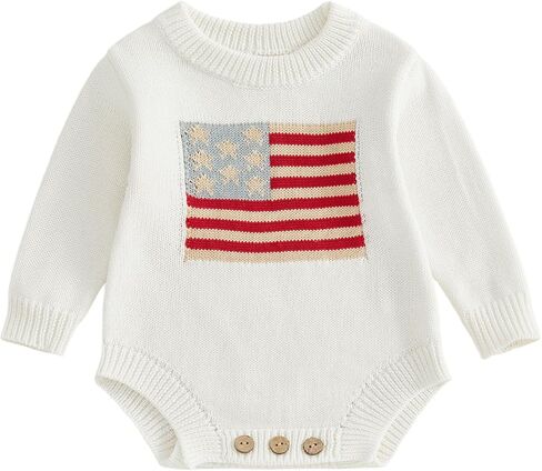 Newborn Baby Boy Girl 4th of July Outfit American Flag Long Sleeve Knit Sweater Bubble Romper Patriotic Clothes in Kuwait