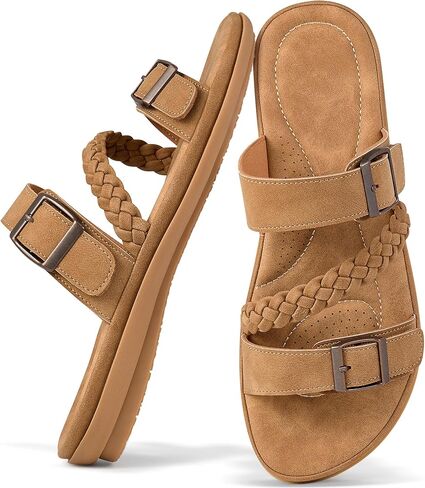 Aomigoct Womens Casual Slide Sandals: Brown 7.5 Slip-On & Adjustable Straps for Quick Outings - Cushioning Insoles & Soft Lining for Comfortable in Home Lounging - Busy Lifestyles in Kuwait