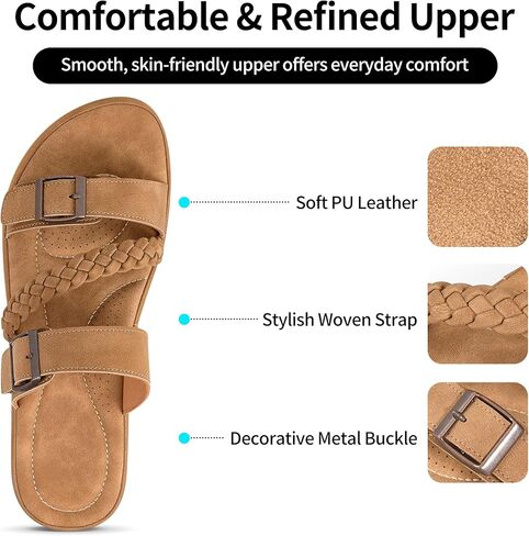 Aomigoct Womens Casual Slide Sandals: Brown 7.5 Slip-On & Adjustable Straps for Quick Outings - Cushioning Insoles & Soft Lining for Comfortable in Home Lounging - Busy Lifestyles in Kuwait