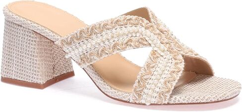 Raffia Heeled Mule Sandals for Women Block Heels Open Toe Mules with Pearls Slip On Summer Dressy Sandals in Saudi Arabia