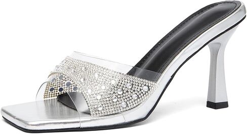 Women's Transparent Strap Mule Sandles with Rhinestones Sexy Slip-on Square Open Toe 3.34 inch Stilettos Heeled Slides for Casual Party Dating in Kuwait