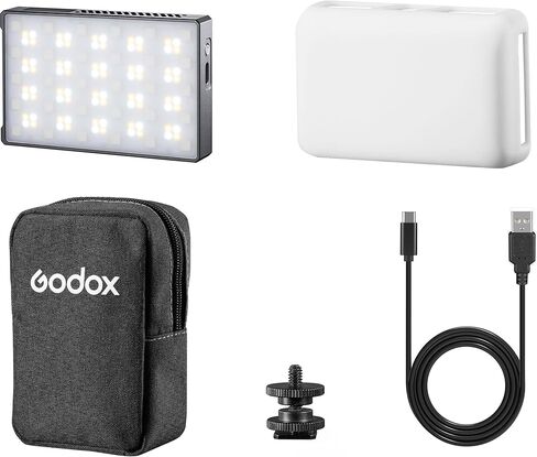 مصباح LED إبداعي Godox KNOWLED RGBWW، لوحة جيب مغناطيسية مع 2500-8500K CCT، أوضاع RGB/HSI/FX/الموسيقى، CRI 96+ TLCI 97، بطارية لمدة ساعتين، USB-C وشحن لاسلكي، موزع وحامل حذاء بارد (C5R) in Kuwait