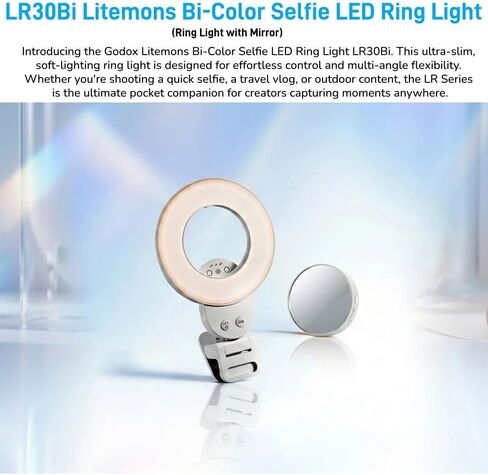 Godox LR30Bi LED Ring Video Light، ضوء ناعم ينبعث من الجانب مع مرآة مدمجة، 2800K-6500K ثنائي اللون، CRI 97+، USB-C، مكياج، هاتف بمشبك، دقة ألوان عالية لإنشاء المحتوى، صورة شخصية in Kuwait