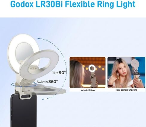 Godox LR30Bi LED Ring Video Light، ضوء ناعم ينبعث من الجانب مع مرآة مدمجة، 2800K-6500K ثنائي اللون، CRI 97+، USB-C، مكياج، هاتف بمشبك، دقة ألوان عالية لإنشاء المحتوى، صورة شخصية in Kuwait