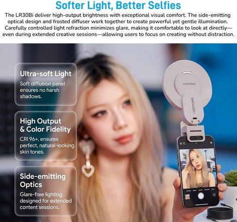 Godox LR30Bi LED Ring Video Light، ضوء ناعم ينبعث من الجانب مع مرآة مدمجة، 2800K-6500K ثنائي اللون، CRI 97+، USB-C، مكياج، هاتف بمشبك، دقة ألوان عالية لإنشاء المحتوى، صورة شخصية in Kuwait