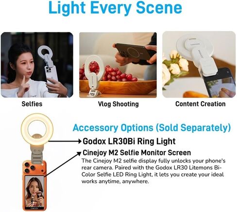 Godox LR30Bi LED Ring Video Light، ضوء ناعم ينبعث من الجانب مع مرآة مدمجة، 2800K-6500K ثنائي اللون، CRI 97+، USB-C، مكياج، هاتف بمشبك، دقة ألوان عالية لإنشاء المحتوى، صورة شخصية in Kuwait