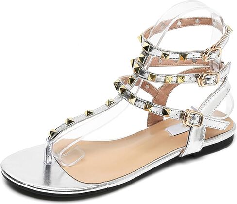 Women's Strappy Studded Flat Thong Gladiator Sandals Sexy 3-Ankle Buckle Clip Toe Comfortable Light Party Flip Flops for Causal Beach Vacation Nightout in Kuwait