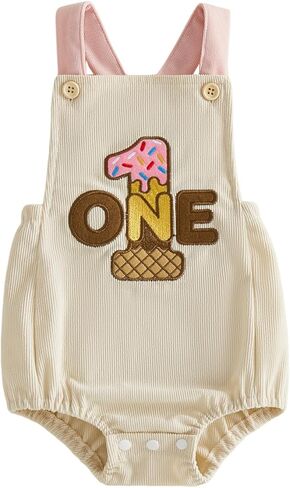 Lamuusaa Baby Girl Boy Birthday Outfit One Ice Cream Embroidery Romper Backless Corduroy Bodysuit Overalls Cake Smash Outfit in Kuwait