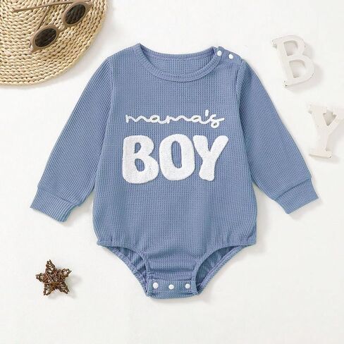 Light Blue Baby boy Romper - Mama's Boy Embroidered Bodysuit with Waffle Texture for 1-24M in Kuwait