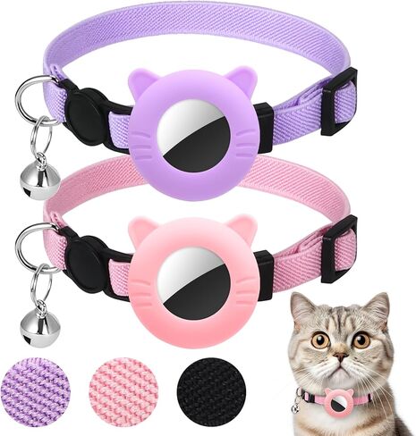 2 Pack Airtag Cat Collar, Breakaway Safety Buckle with Bell, Adjustable 7.5-12.5 Inch Soft Nylon Collars for Girl Boy Cats Kitten Puppy, Pink & Purple Set in Saudi Arabia