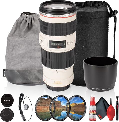 Canon EF 70-200mm f/4L is USM Telephoto Zoom Lens with Image Stabilization, L-Series Optics, Ultrasonic Autofocus, Sports Portrait Photography (1258B002) + Lens Filter Kit + More (10 Items) in Kuwait